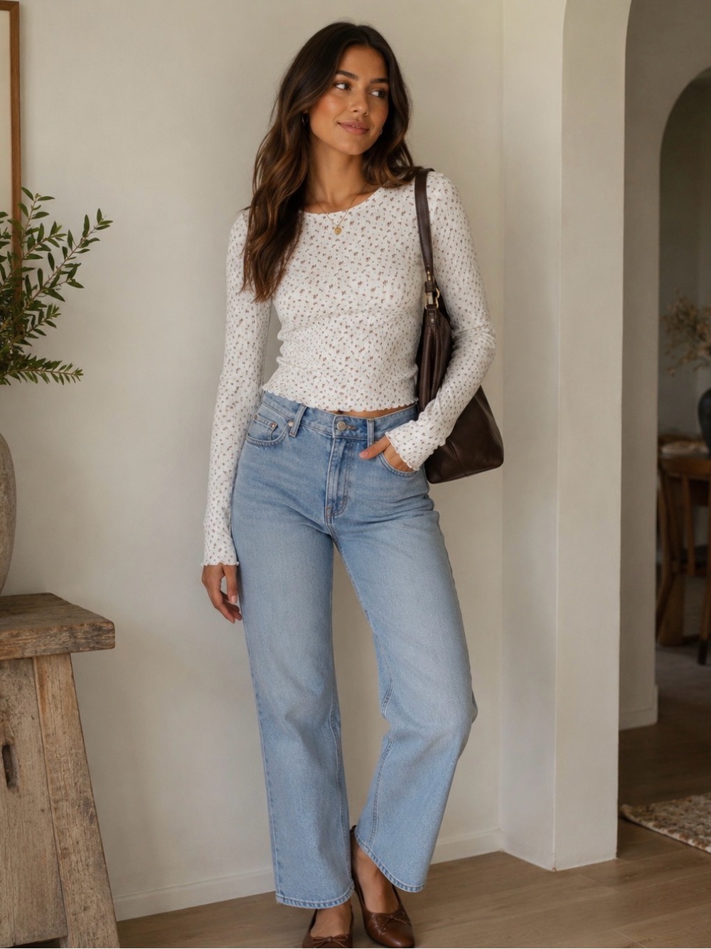 Aeropostale White Long-Sleeve Floral Ribbed Tee